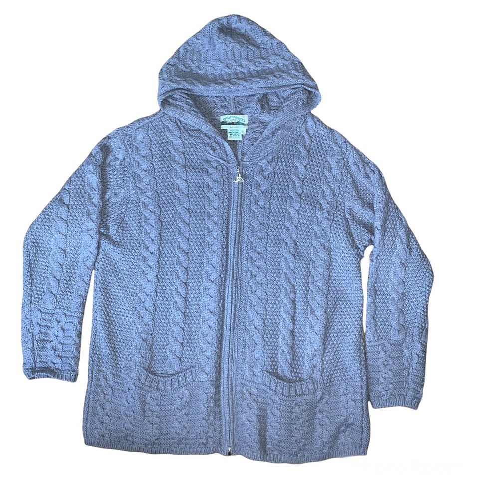 Aran Crafts Light Blue Cable Knit Hooded Zip Cardigan